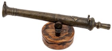 A Malayan brass cannon, lantaka, 16? overall, of typical form with 2 stage barrel, moulded rings,