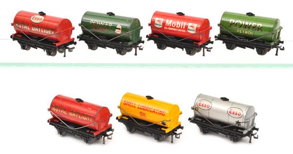 7 Hornby Dublo 3-rail tank wagons. ?Esso Royal Daylight Parafin?, ?Royal Daylight?, ?Power