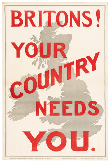 2 WWI posters: ?Britons. Your Country Needs You?, in red on grey silhouette map of the British
