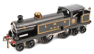 Hornby O gauge clockwork No.2 LMS 4-4-4 tank locomotive. In gloss black lined livery RN 4-4-4.