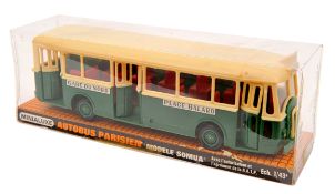 A French 1960?s Miniluxe 1:43 scale ?Autobus Parisien?. A plastic toy in cream and dark green Paris