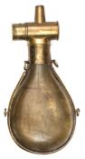 A French bag shaped horn powder flask, 8¼? overall, with brass mounts, sprung plunger type charger