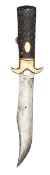 A folding bowie knife, blade 6½? with upturned point, brass ?moustache? shaped crossguard,