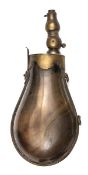 A French 18th century bag shaped horn powder flask, 8¾? overall with charger extended, with brass