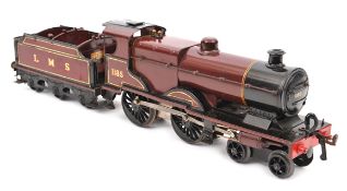 Hornby O gauge clockwork No. 2 Special LMS 4-4-0 tender locomotive. In maroon yellow lined livery,