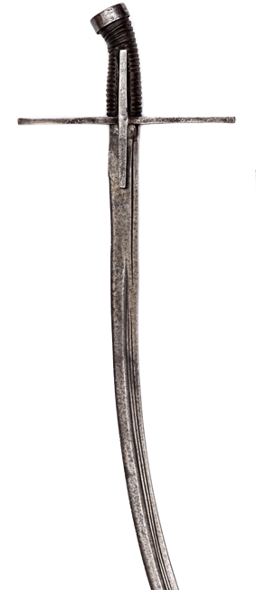 An 18th century East European sabre, curved, multifullered blade 28½?, clipped back at point (