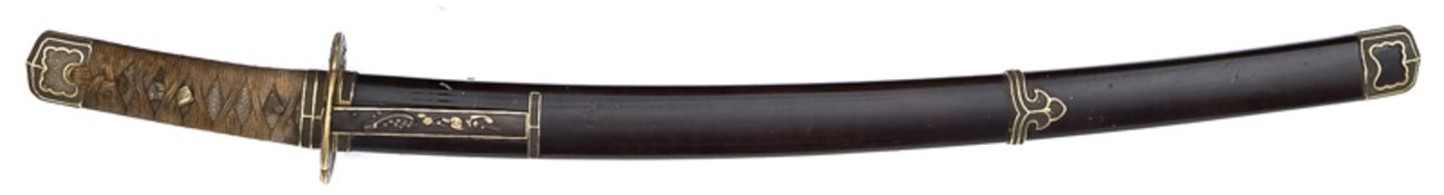 A Japanese sword Wakizashi, c 1600, blade 18½?, signed Bizeu Osafune Sukesada. All fittings are