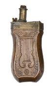 A scarce French copper powder flask ?Panel-Lyre? (Riling 460), brass top with compartment for balls