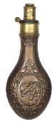 A copper powder flask ?Three Horses Heads? (Riling no 1052), common brass top by ?G & J W Hawksley,