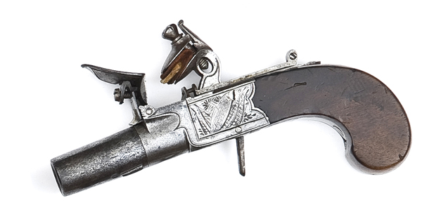 A 44 bore flintlock boxlock pocket pistol c 1815, 5¾? overall, turn off barrel 1½?, B?ham proved,