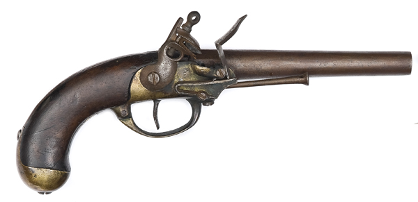 A French 14 bore Model 1777 military flintlock belt pistol, 13¼? overall, b arrel 7½?, the breech