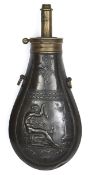 A French copper powder flask ?Naked Man with rabbit?, (similar Riling no 516), brass patent top