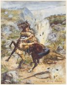 A well executed and dramatic Boer War watercolour of Farrier Sergeant Hardman, VC, in action,