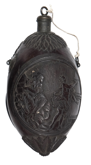 A late 18th century French coconut flask, well carved overall, with a circular panel of 2 female