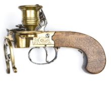 A bronze framed flintlock boxlock tinderlighter, the frame engraved with scrolls, the top strap