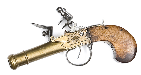 A French 50 bore brass cannon barrelled and brass framed flintlock boxlock pocket pistol, 6?