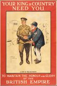 A WWI poster ?Your King & Country Need You?, showing an aged veteran, wearing his medals, shaking