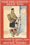 A WWI poster ?Your King and Country Need You? showing a Highlander in full kit with rifle about to