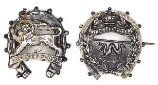 2 silver horseshoe sweetheart brooches: KORR, HM GC London 1903, and R Berks, HM GH & Co B’ham 1898.
