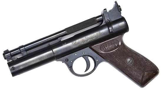 A .177” “A” series Webley Premier air pistol, batch number 317, with 4 pin action, mild steel barrel