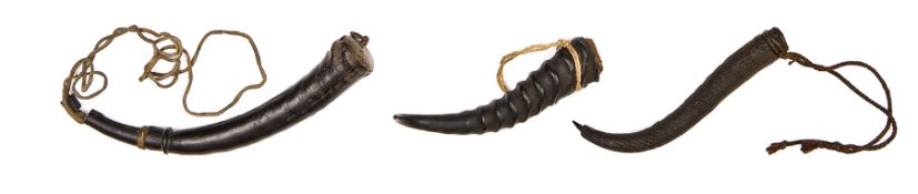 Three Zulu medicine horns, one 9”, one 8” (entirely covered in plastic wire, discoloured by