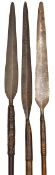 Three Zulu stabbing spears, one with 14” blade, 42” overall, with cowhide binding; another, with 13”