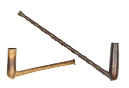Two Xhosa or Pedi wooden pipes, early 20th century, one 11” with wire decoration, the other 7”,