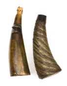 Two late 19th century Zulu snuff horns: one 4”, the length entirely decorated with two tone metal