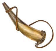 A Zulu powder horn, c 1879, horn, with cork base, metal fittings and leather thong, decorated with