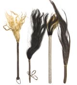 Four horse or other hair flywhisks, one possibly a diviner’s (sangoma’s) item, three with wire bound