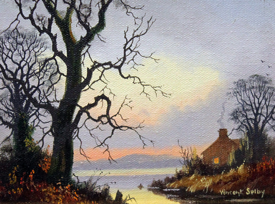 Vincent Selby. Pair of cottage scene oils on board. 14cm x 19cm.  Signed