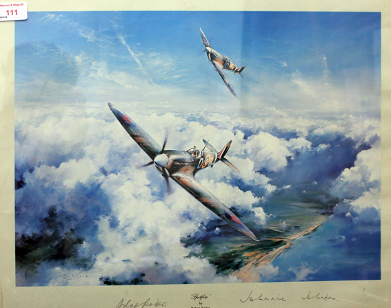 ‘Spitfire’. Print after Robert Taylor. Signed by Sir Douglas Bader  and Air Vice Marshall Johnnie