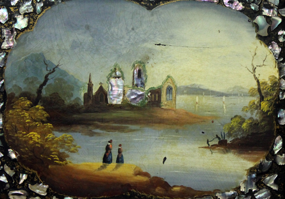 Continental lake scene. Oil on board inlaid with mother of pearl  and ornate gilt frame. 21cm x