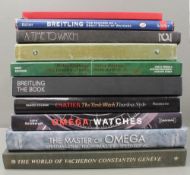 10 ASSORTED WRIST WATCH BOOKS INCLUDING ROLEX, VACHERON, OMEGA, CARTIER, BREITLING ETC CONDITION