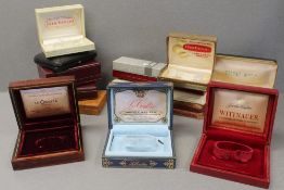 14 ASSORTED WRIST WATCH BOXES CIRCA 1930/50/60/70 INCLUDING HAMILTON, LECOULTRE, ETERNA, LONGINES,