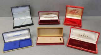 SIX ASSORTED WRIST WATCH BOXES CIRCA 1950/60s, INCLUDING MOVADO, UNIVERSAL, JAEGER LECOULTRE, OMEGA