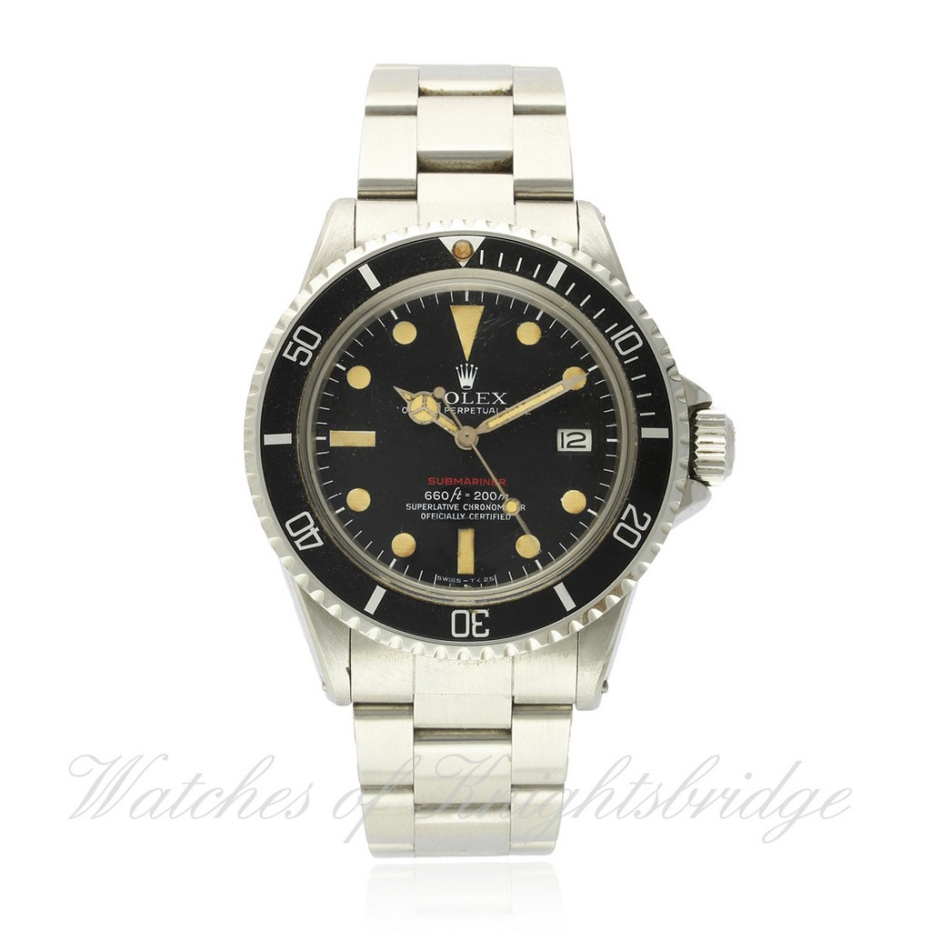 A RARE GENTLEMAN`S STAINLESS STEEL ROLEX OYSTER PERPETUAL DATE "RED WRITING" SUBMARINER BRACELET