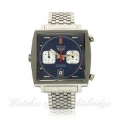 A RARE GENTLEMAN`S STAINLESS STEEL HEUER MONACO "STEVE MCQUEEN" CHRONOGRAPH BRACELET WATCH CIRCA