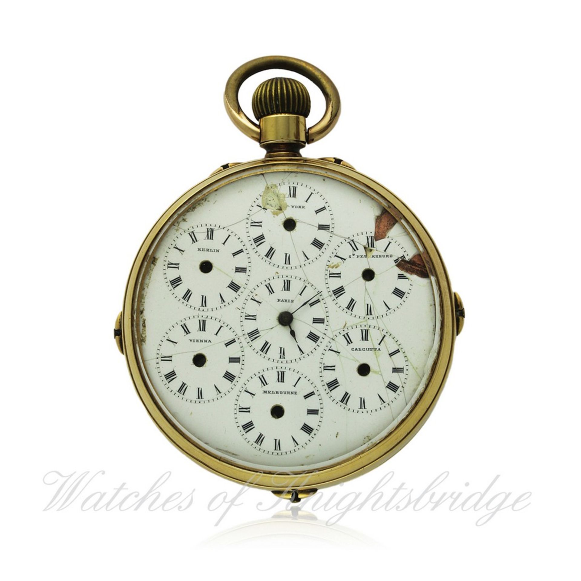 A GENTLEMAN`S 18K SOLID GOLD DOUBLE DIAL WORLD TIME TRIPLE CALENDAR MOONPHASE POCKET WATCH CIRCA