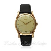 A GENTLEMAN`S LARGE SIZE 14K SOLID PINK GOLD TISSOT WRISTWATCH CIRCA 1940s D: Silver dial with
