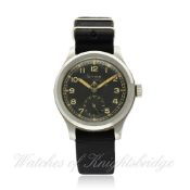 A GENTLEMAN`S STAINLESS STEEL BRITISH MILITARY CYMA W.W.W. WRISTWATCH CIRCA 1940s D: Black dial with