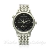 A GENTLEMAN`S STAINLESS STEEL JAEGER LECOULTRE MASTER GEOGRAPHIC WORLD TIME BRACELET WATCH CIRCA