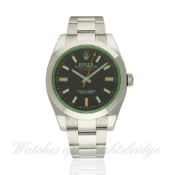 A GENTLEMAN`S STAINLESS STEEL ROLEX OYSTER PERPETUAL "GREEN GLASS" MILGAUSS BRACELET WATCH DATED