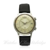 A GENTLEMAN`S STAINLESS STEEL JAEGER LECOULTRE MEMOVOX ALARM WRISTWATCH CIRCA 1960s   D: Silver dial