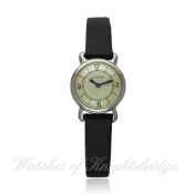 A LADIES STAINLESS STEEL JAEGER LECOULTRE WRISTWATCH CIRCA 1940s D: Two tone silver dial with raised