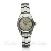 A LADIES STAINLESS STEEL ROLEX OYSTER PERPETUAL BRACELET WATCH CIRCA 1960s D: Silver dial with