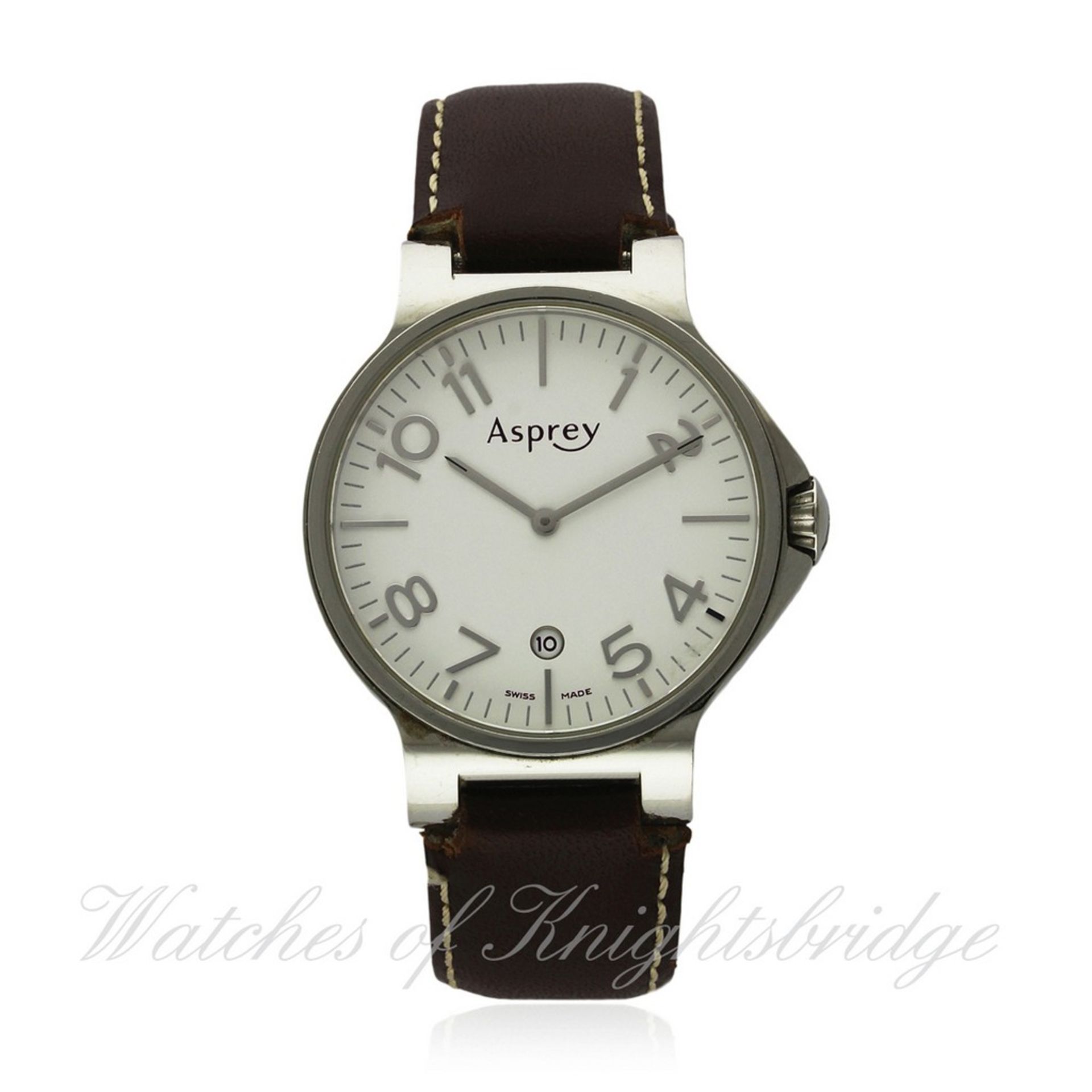 A STAINLESS STEEL ASPREY NO. 8 WRISTWATCH DATED 2010, WITH BOX & PAPERS D: White dial with raised