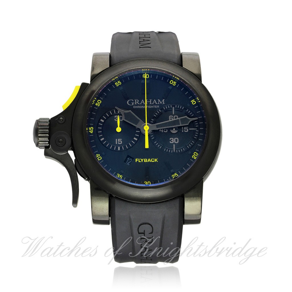 A GENTLEMAN`S BLACK PVD COATED STAINLESS STEEL GRAHAM CHRONOFIGHTER TRIGGER FLYBACK CHRONOGRAPH