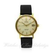 A GENTLEMAN`S 18K SOLID GOLD OMEGA SEAMASTER DE VILLE AUTOMATIC WRISTWATCH CIRCA 1960s D: Silver "