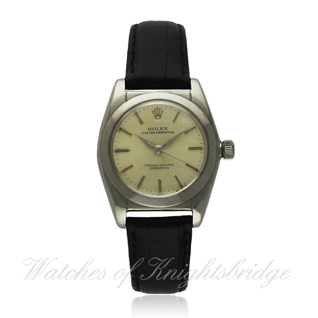 A GENTLEMAN`S STAINLESS STEEL ROLEX OYSTER PERPETUAL "BUBBLE BACK" CHRONOMETER WRISTWATCH CIRCA